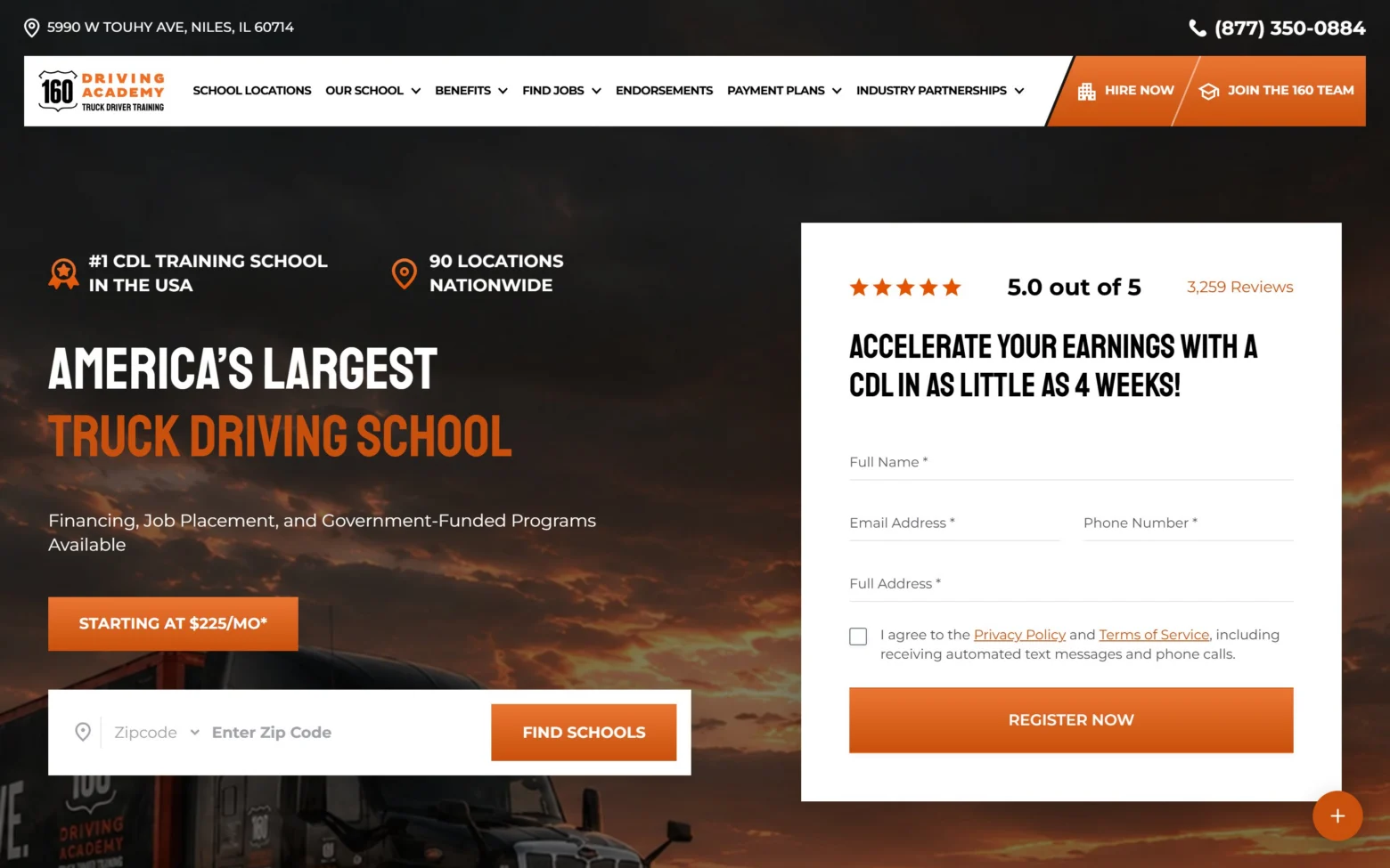 160 Driving Academy homepage on desktop