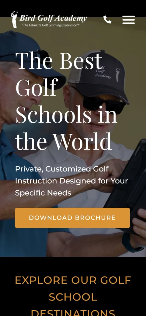 Bird Golf Academy homepage on mobile