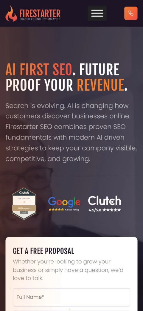 Firestarter SEO homepage on mobile