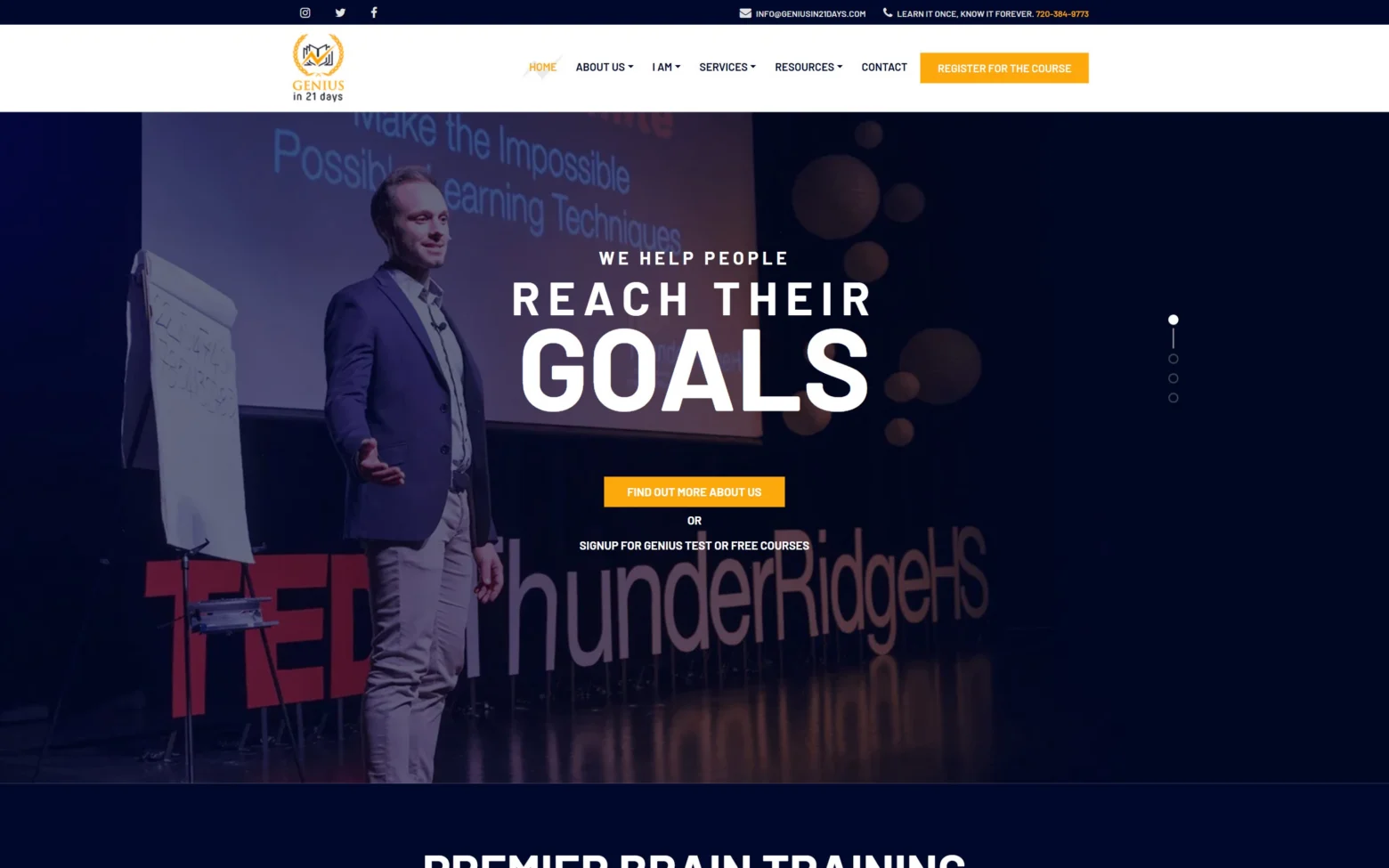 Genius in 21 Days homepage on desktop